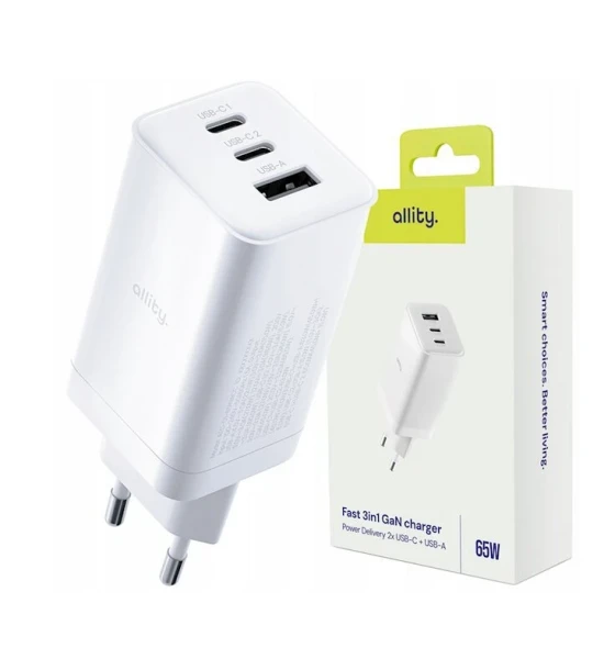 Incarcator Retea Allity ATC-01-65WACC GaN PD QC 2x USB-C 1x USB-A 65W Alb