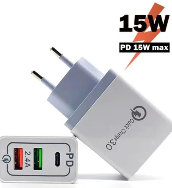 Incarcator retea Lamtech 15W PD QC3.02xUSB 1xUSB Type-C Alb